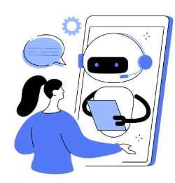 Illustration of a person using a tablet with a robot interface on a screen.