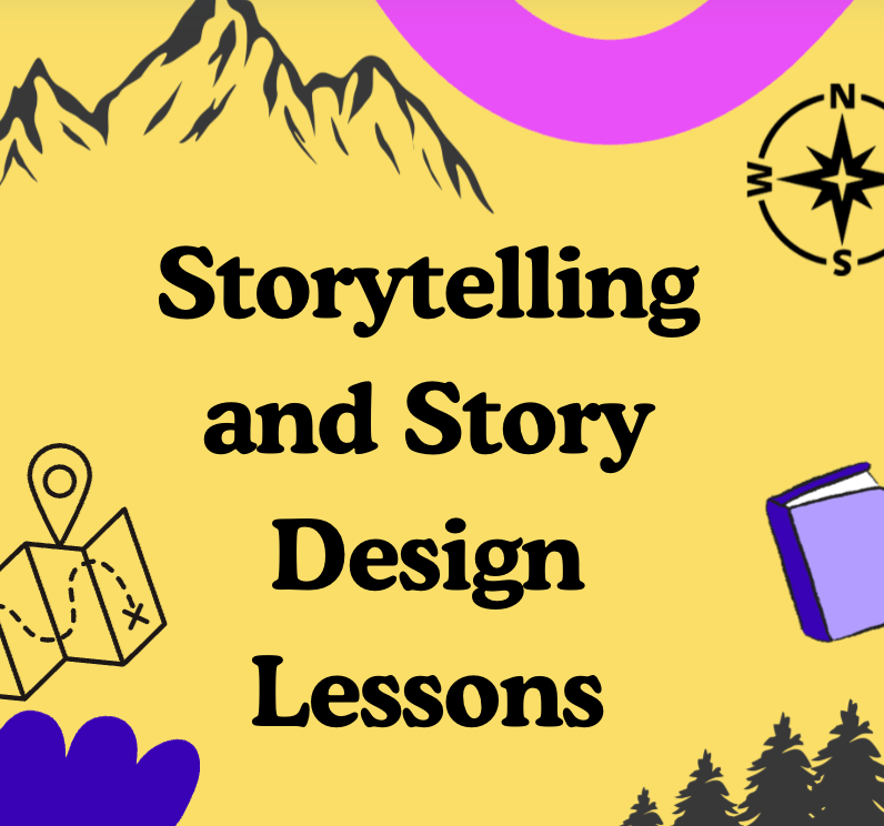 Yellow background with text 'Storytelling and Story Design Lessons' and various travel icons.